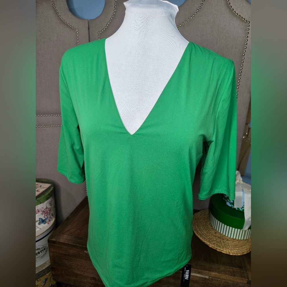 WHBM Forme Elbow Sleeve V Neck Top Amazon Green - Picture 11 of 12